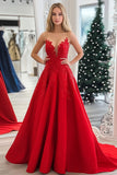 Red Princess Sweetheart Satin Applique Long Prom Dress