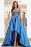 Blue Satin Strapless High-Low Length 2-Piece Prom Dress