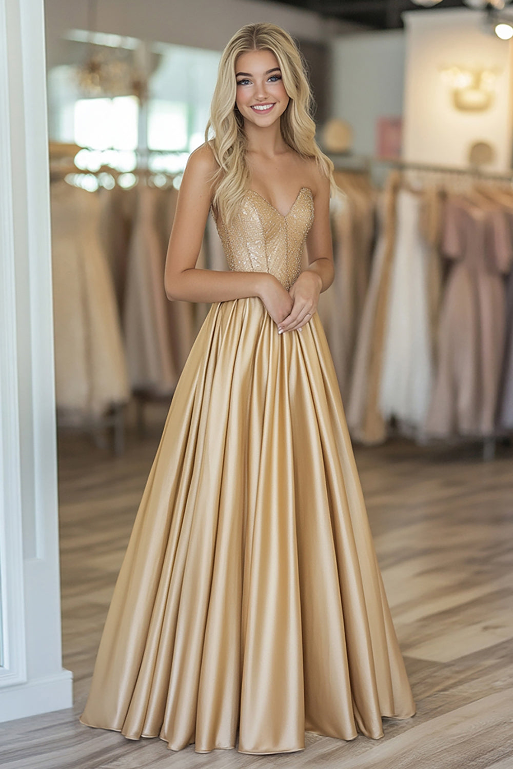 ZAPAKA Women Gold Satin Prom Dress with Beading Sweetheart A Line Ruched Long Formal Dress Zapaka CA ZAPAKA Women Gold Satin Prom Dress with Beading Sweetheart A Line Ruched Long Formal Dress Zapaka CA