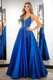 Princess Satin Royal Blue Spaghetti Straps Prom Dress with Appliques