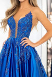 Princess Satin Royal Blue Spaghetti Straps Prom Dress with Appliques