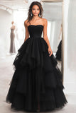 Princess Black Strapless Tulle Tiered Ruched Long Prom Dress