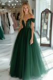 Dark Green Princess Tulle Off The Shoulder Long Prom Dress with Lace Appliques