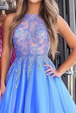 Blue Organza Lace Scoop Neck Princess Prom Dress with Appliques