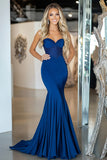 Sparkly Royal Blue Mermaid Sweetheart Ruched Beaded Long Prom Dress