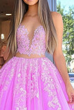 Fuchsia Princess 2 Pieces Sweetheart Tulle Long Prom Dress with Appliques