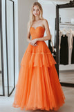 Orange Princess Sweetheart Tiered Lace Long Prom Dress