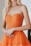 Orange Princess Sweetheart Tiered Lace Long Prom Dress