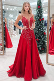 Sparkly Red A-Line Spaghetti Straps Long Prom Dress with Sequined Appliques