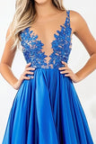 Royal Blue Satin Lace Applique V-Neck Asymmetrical Prom Dress with Slit