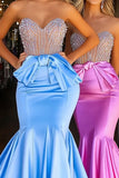 Blue Sweetheart Mermaid Satin Beaded Long Prom Dress with Bow