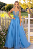 Blue Princess Sweetheart Tulle Long Prom Dress with Lace Appliques