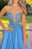 Blue Princess Sweetheart Tulle Long Prom Dress with Lace Appliques