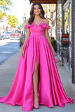 Fuchsia Satin A Line Off The Shoulder Applique Prom Dress with Slit