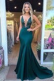 Satin Sheath V Neck Lace Dark Green Prom Dress