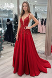 Red Satin A Line V Neck Long Prom Dress with Lace Appliques