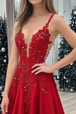 Red Satin A Line V Neck Long Prom Dress with Lace Appliques