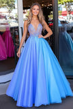 Blue Ball Gown Organza Long Prom Dress with Lace Appliques