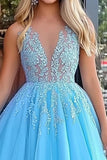 Princess Blue Tulle Lace Applique Long Prom Dress