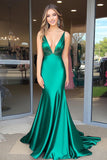 Elegant Green Mermaid Deep V-Neck Satin Long Prom Dress