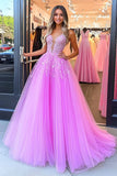 Princess Fuchsia Deep V-Neck Tulle Long Prom Dress with Appliques