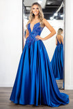 Elegant Royal Blue A Line Satin Appliqued Long Prom Dress