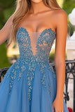 Elegant Grey Blue Princess Sweetheart Tulle Long Prom Dress