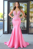 Pink Spaghetti Straps Mermaid Satin Long Prom Dress with Appliques