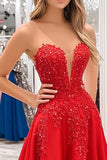 Princess Red Sweetheart Satin Prom Dress with Appliques