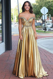 Sparkly Golden Metallic A Line Off The Shoulder Ruched Prom Dress with Beading