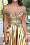 Sparkly Golden Metallic A Line Off The Shoulder Ruched Prom Dress with Beading