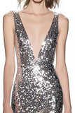 Sparkly Silver Deep-V Neck Sheath Sequin Long Prom Dress