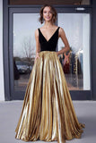 Gold Metallic Satin V-neck A-Line Pleated Long Prom Dress