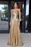 Gold Sweetheart Metallic A-Line Pleated Long Prom Dress