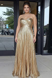 Gold Sweetheart Metallic A-Line Pleated Long Prom Dress