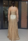 Gold Sweetheart Metallic A-Line Pleated Long Prom Dress
