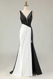 Sheath Black&White Deep V Neck Long Gala Dress