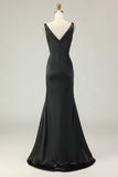 Black White Sheath Deep V Neck Long Gala Dress