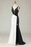 Sheath Black&White Deep V Neck Long Gala Dress