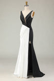 Black White Sheath Deep V Neck Long Gala Dress