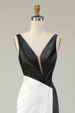 Sheath Black&White Deep V Neck Long Gala Dress