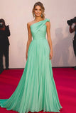 A Line One Shoulder Mint Ruched Long Gala Dress