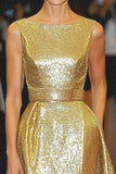 Metallic Satin A Line Gold Scoop Neck Belted Long Gala Dress