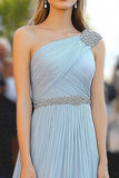 Sky Blue One Shoulder A Line Chiffon Beaded Gala Dress