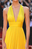 Yellow A Line Deep V-Neck Ruched Chiffon Gala Dress