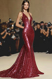 Sparkly Red Mermaid Sequin Long Gala Dress