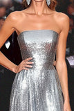 Sparkly Silver Metallic Strapless A Line Gala Dress