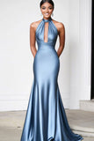 Sheath Grey Blue Halter Strapless Gala Ball Dress