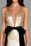 Gold Mermaid Deep V Neck Sequins Long Gala Dress with Black Bow