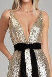 Gold Sheath Sequins Deep V-Neck Belted Gala Dress With Bows